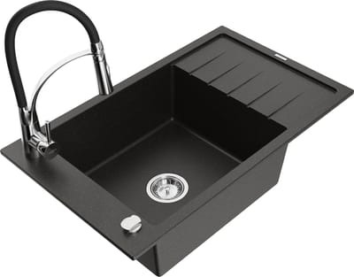 Mexen Elias granieten gootsteen enkelvoudig met afdruiprek en keukenmengkraan Aster, zwart/goud metallic - 6511-75-73450-70