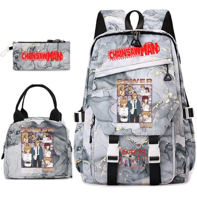 Chainsaw Man Anime Print Student Rugzak Set voor Meisjes met Lunchtasje Etui School Dagelijks Gebruik gray