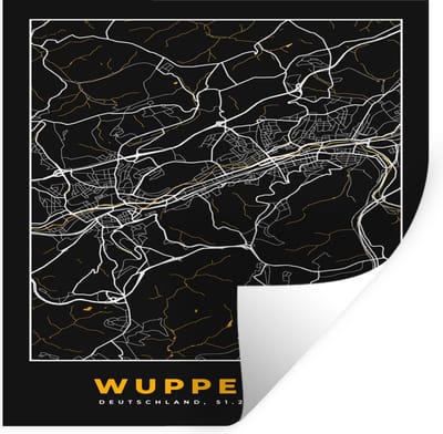 Muurstickers - Sticker Folie - Stadskaart – Plattegrond – Duitsland – Goud – Wuppertal – Kaart - 100x100 cm - Plakfolie - Muurstickers Kinderkamer - Zelfklevend Behang XXL - Zelfklevend behangpapier - Stickerfolie