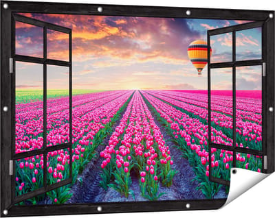 Gards Tuinposter Doorkijk Bloemenveld met Roze Tulpen - Luchtballon - 120x80 cm - Tuindoek - Tuindecoratie - Wanddecoratie buiten - Tuinschilderij