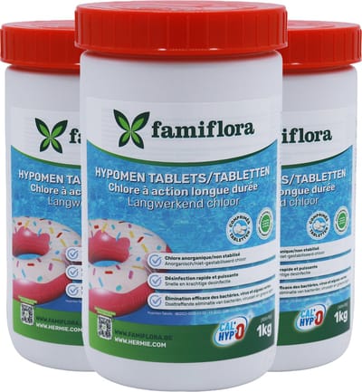 Famiflora - Langwerkend anorganisch chloor 3KG (3 x 1kg) - 10g tabs (300x10g) - niet-gestabiliseerd chloor - Lange & snelle werking - Gelijkmatige chloorafgifte - Efficiënte desinfectie