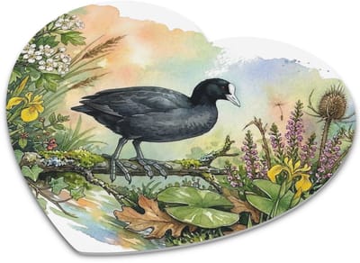 Hartvormige Muismat "Aquarel Series" Zwarte Meerkoet in de Vijver Tussen Waterlelies & Gele Lissen - Waterverf Vogels Bureau Accessoire Cadeau voor haar: Vrouw,Vriendin & Collega - Hollandse Natuur Hartjes Muismat Werkplek