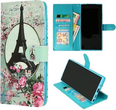 Cityhoesje - Bookcase hoesje - iPhone 12 Mini - incl. Pasjeshouder Eifeltoren - Bloemen