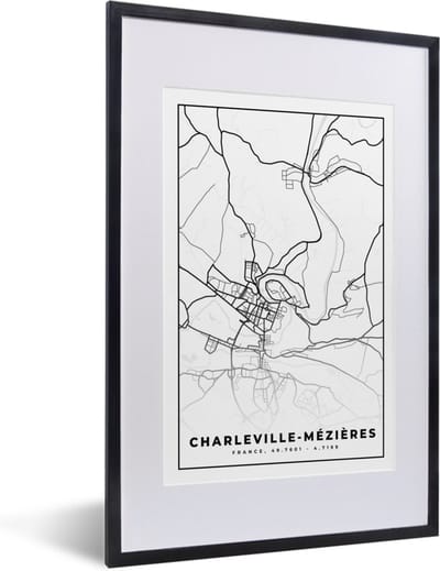Fotolijst incl. Poster Zwart Wit- Charleville-Mézières - Stadskaart – Plattegrond – Kaart – Frankrijk - Zwart wit - 40x60 cm - Posterlijst