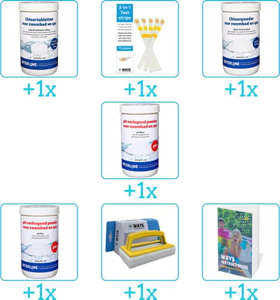 Zwembad Onderhoudspakket - Onderhoud Zwembad - bevat Chloor - Testrips - Chloor - PH-min - PH-plus - Scrubborstel en Zwembadgids (7-delig)