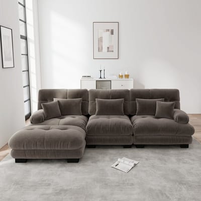DESMIU Hoekbank 313 x 145 cm - Modulaire 3-Zits Met Verplaatsbare Hocker En Diepe Zit - Voor Woonkamer Of Kantoor - Chenille Bruin