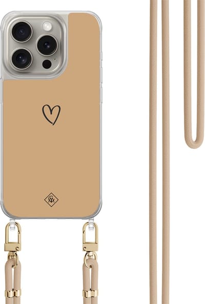 Casimoda® hoesje met beige koord - Geschikt voor iPhone 15 Pro - Hart Bruin - Afneembaar koord - TPU/polycarbonaat - Bruin/beige