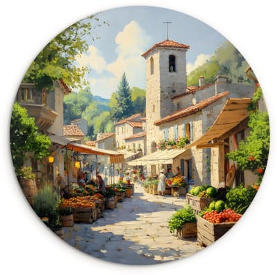 WallCircle® Wandcirkel 150x150 cm - Muurcirkel Dorp - Zon - Kraampjes - Huizen - Muurdecoratie woonkamer - Wanddecoratie slaapkamer - Kamer decoratie accessoires - Ronde schilderijen