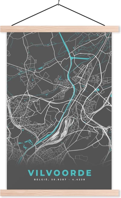 Posterhanger incl. Poster 40x60 cm - Schoolplaat - Stadskaart – Grijs - Kaart – Vilvoorde – België – Plattegrond - Textielposter - Blanke latten - Stadskaart