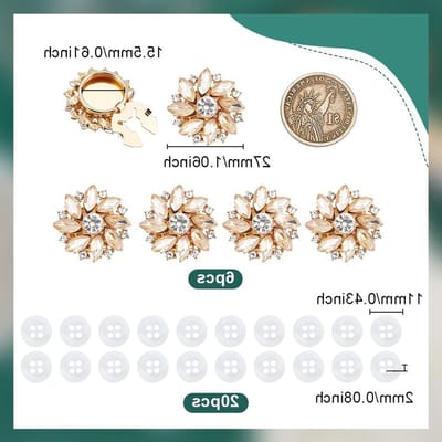 6-delige set diamant knoopcovers met 20 plastic knopen voor kostuum, tuxedo en shirt accessoires - Goud 27mm