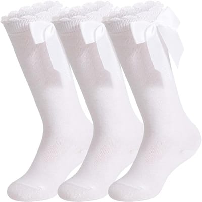 3-delige set babysokken tot over de knie, lange katoenen kindersokken met strik, zakken niet gemakkelijk af, antislip, elastisch, maat S (geschikt voor voetlengte 12-14 cm voor kinderen van 0-2 jaar), wit.