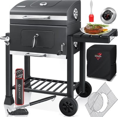 KESSER® Houtskoolbarbecue XL Barbeque Houtskool met Deksel, Wielen, Afdekkap, Roestvrij Stalen Handvat, Barbecuerooster en Thermometer, 8 Spiesen met Zakje & siliconen Borstel, grote BBQ Camping Terras Tuin