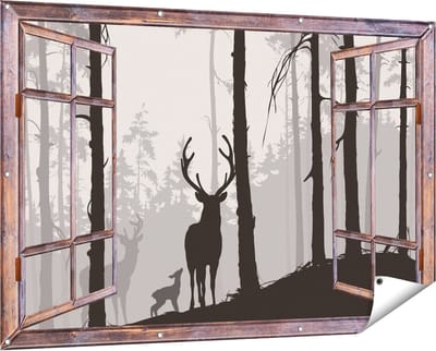 Gards Tuinposter Doorkijk Herten in het Bos - Silhouet - 150x100 cm - Tuindoek - Tuindecoratie - Wanddecoratie buiten - Tuinschilderij
