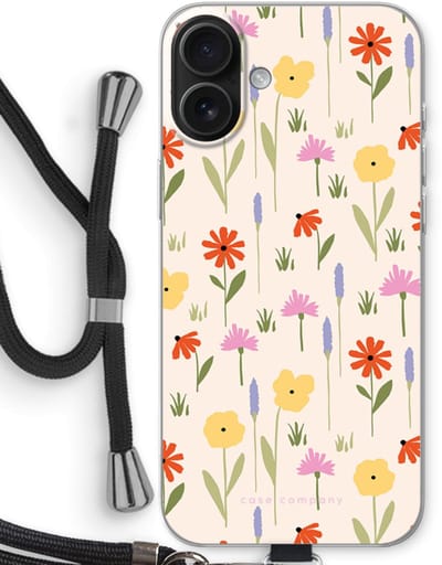 Case Company® - Hoesje met koord geschikt voor iPhone 16 Plus hoesje met Koord - Floral - Telefoonhoesje met Zwart Koord - Bescherming aan alle Kanten en Over de Schermrand