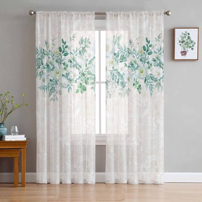 Aquarel Bloemen Bladeren Tule Raamgordijnen voor Slaapkamer Luxe Huisdecoratie Gordijnen in Woonkamer Chiffon Panelen 135W x 114H(cm) white