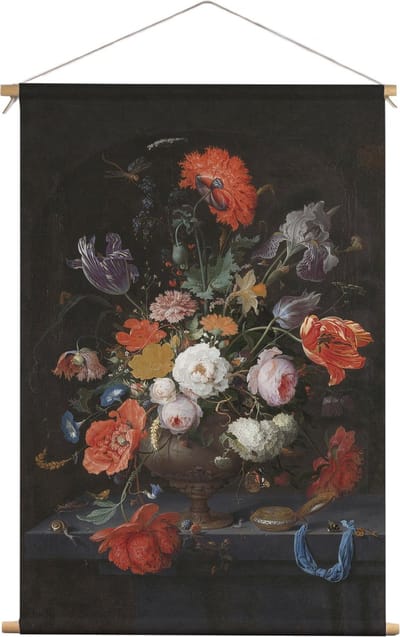 Stilleven met bloemen en een horloge | Abraham Mignon | ca. 1660 - ca. 1679  | Kunst | Textieldoek | Textielposter | Wanddecoratie | 40CM x 60CM” | Schilderij