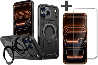 Hoesje Geschikt voor iPhone 17 Pro Max met gehard glas Screenprotector - Armor hoes met Ringhouder - Arara backcover - Zwart
