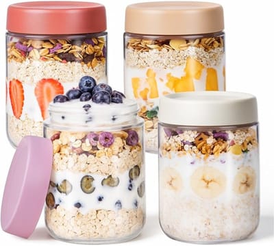 Verte Overnight Oats Potjes - Potjes voor Overnight Oats - Potjes voor Overnight Oats met Deksel - Zelfgemaakte Yoghurt-Havermout - Salade - Jam - Opbergpotjes voor Pudding - Set van 4 - 500 ml