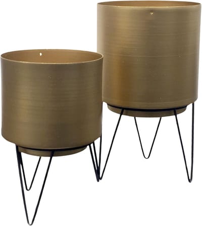 Home Deco Factory Plantenpotten set - op standaard - 2x stuks - goud - H22-H17 - decoratie bloempotten