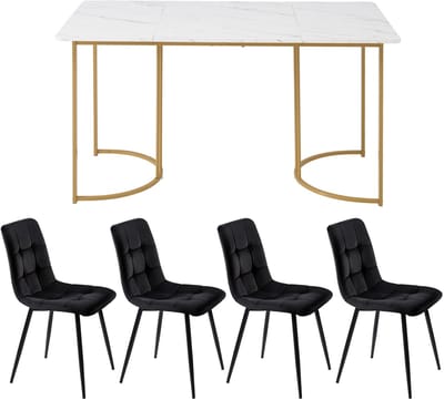 Eetkamer set - 5-delig - 1 eettafel en 4 stoelen - moderne eettafel set - gouden tafelpoten en wit tafelblad - zwarte eetkamerstoelen