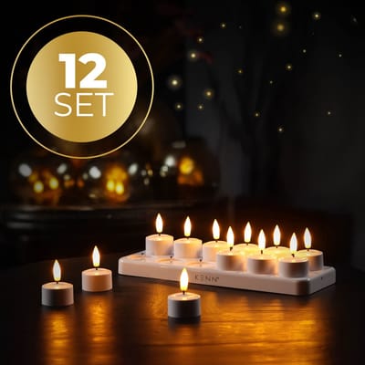 KENN® Originele Oplaadbare Waxinelichtjes – Set van 12 – Met Afstandsbediening & Timer – Inclusief Oplaadstation – Tot 120 Branduren – LED Waxinelichtjes – Oplaadbare Theelichtjes – Realistische Flikkerende Vlam – LED Kaarsen - Nep Kaarsen