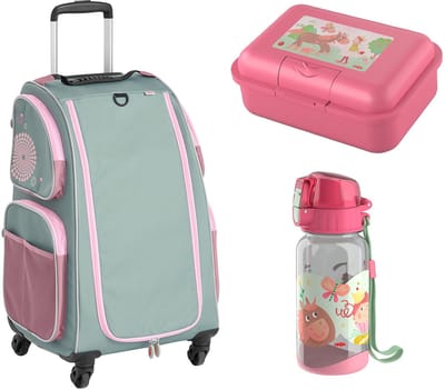 HABA Kinderkoffer Schranktrolley 4 Rollen, Brotdose und Trinkflasche