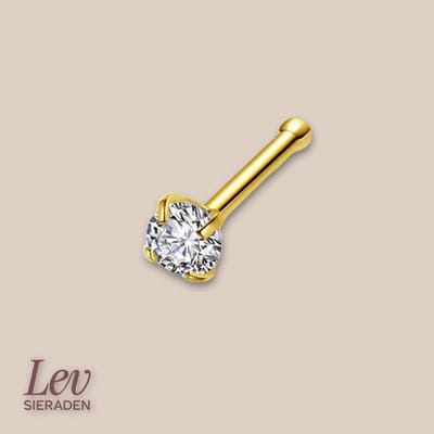 Lev Sieraden - Titanium Stud Piercing - 0.8x7mm - Goud met steen - 2mm Zirkonia steen - Neus knopje - 4 Prong gevat