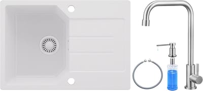 Anycee MAX Spoelbak Keuken 65x45CM - Granieten Spoelbak Wit - Wasbak Keuken Met Koudwaterkraan en Zeepdispenser - Spoelbakken Keuken Met Kraangat - Met Druiprek en Sifon