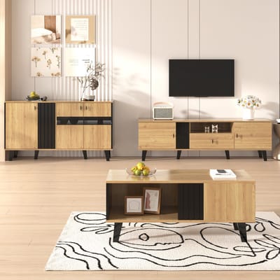 Wishdor - 3-Delige Woonkamermeubelset - Salontafel Tv-Meubel En Dressoir - Ledverlichting - Waterafstotend - Spaanplaat En Glas - Zwart En Houtkleur