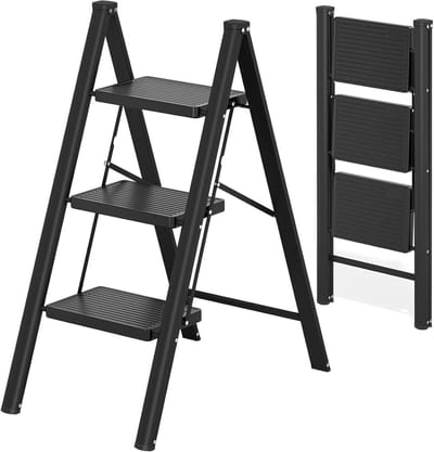 Vouwladder 3 treden - Opstapladder - Veilig klussen - Antislip treden - 150 kg belastbaar - Zwart