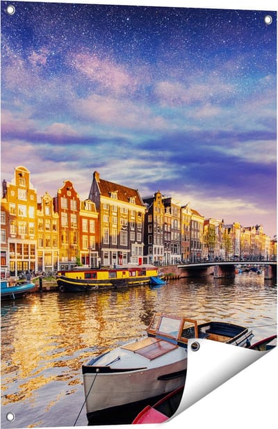Gards Tuinposter Amsterdamse Gracht in de Nacht met Sterren - 60x80 cm - Tuindoek - Tuindecoratie - Wanddecoratie buiten - Tuinschilderij