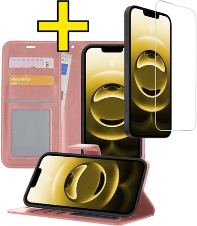 Hoesje - Met Screenprotector - Geschikt voor Apple iPhone 16e - Luxe Pasjeshouder - Bookcase Portemonee - Flip Case - Kunstleer Book Case - Flipcase - Book Cover - Walletcase - Portemonneehoes - Telefoonhoesjes - Rosé goud