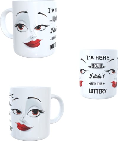 Koffie beker - thee mok - funny cartoon gezicht - tekst I`m here because I didn`t win the lottery