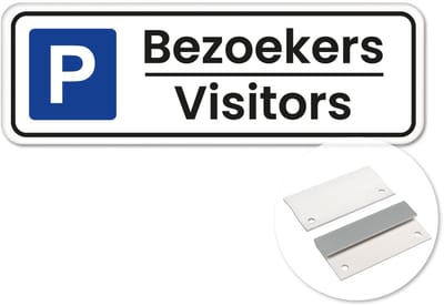 Parkeerbord Bezoekers Visitors - met kader - Weerbestendig Aluminium - 40x15 cm - Bevestiging: Met muur-/ wandmontage beugels