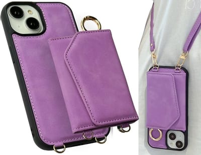 CaseMania Backcase hoesje geschikt voor iPhone 14 - Effen Paars - Kunstleer - met Nekkoord, Wallet en Spiegeltje