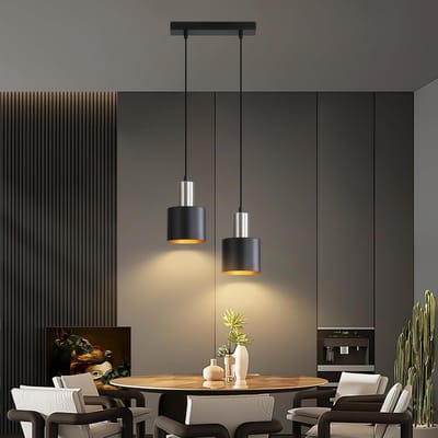 Glitzerlife - Hanglampen - Vintage industriële hanglamp - 2xE27 - hoogte verstelbaar - metalen cilinderkappen - zwart met gouden binnenzijde - Ø28cm - hanglampen eetkamer keuken woonkamer
