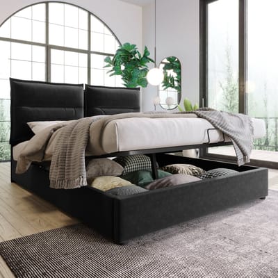 MODFU Bedframe 140x200 cm – velvet zwart – met verstelbaar hoofdbord en hydraulische opbergruimte – luxe design
