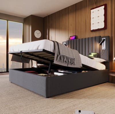 MEUNIQ tweepersoons bed 140x200 met opbergruimte, lattenbodem, verstelbaar hoofdbord, leeslamp en USB/Type-C, grijs stoffen bed voor slaapkamer