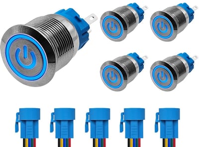 ProRide Drukschakelaar ON-OFF 12V/24V - 19mm Metaal - Waterdicht - LED Blauw - Met Kabels - 5 stuks