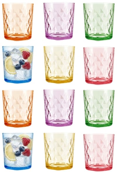 Vivalto Waterglazen/drinkglazen Summer Diamant - 12x stuks - glas - transparant/kleurenmix - 360 ml