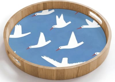 Dienblad rond 40x40 cm - Schootdienblad hout - Vogels - Wit - Patroon - Borrelplank rechthoek - Plateau houten dienbladen