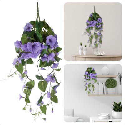 Cheqo® Hangende Kunstbloem Petunia - Hangende Plant - Klimop - Decoratieve Kunsttak - Paars Groen - Perfect voor Interieur
