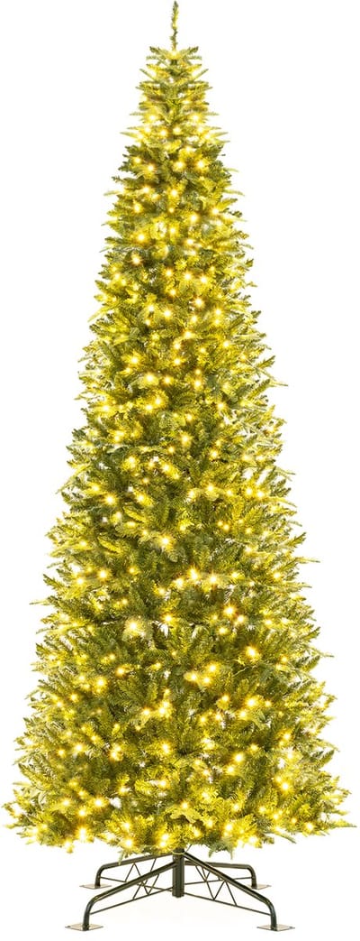 COSTWAY Kunstkerstboom met verlichting, 360 cm, dennenboom met 800 warmwitte ledlampen, 2517 pvc-PE-takken, grote kerstboom voor binnen en buiten