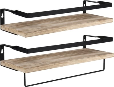 QUVIO Wandplank Set van 2 - Industrieel Wandrek - Decoratieve Muurplank van Hout en Metaal - Wanddecoratie voor Woonkamer, Keuken of Hal - 14 x 40 x 21 cm - Zwart en Bruin