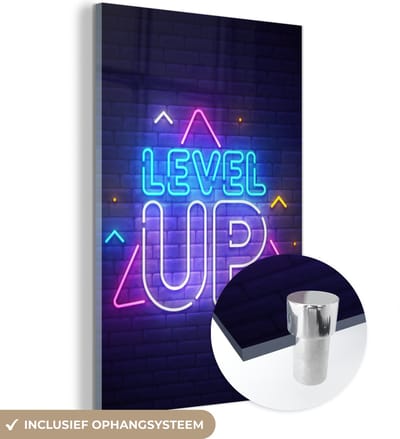 MuchoWow® Glasschilderij 120x180 cm - Schilderij acrylglas - Gaming - Neon - Level Up - Quotes - Gamen - Foto op glas - Schilderijen