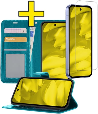 Hoesje - Met Screenprotector - Geschikt voor Google Pixel 9a - Luxe Pasjeshouder - Bookcase Portemonee - Flip Case - Kunstleer Book Case - Flipcase - Book Cover - Walletcase - Portemonneehoes - Telefoonhoesjes - Turquoise