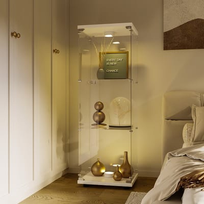 Glazen vitrinekast, staande vitrinekast met LED-verlichting en slot, verzamelvitrine, staande vitrinekast met 3 lagen, vitrinekast voor verzamelaars, boeken, wijn, kantoor, woonkamer (wit, 125x42x36cm)