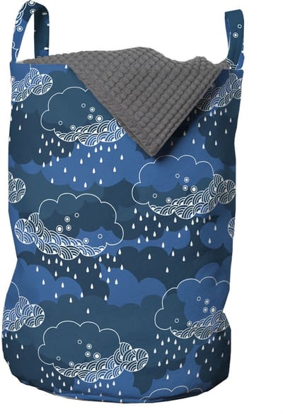 ABAKUHAUS blauw-witte waszak, regenwolken-grafica, wasmand met handvatten en trekkoord voor wasserettes, blauw donkerblauw