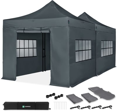 VONROC Partytent – 6x3 m – Premium easy-up Partytent - Set incl. 2x Tent, Zijwanden en Kop-pelsysteem - Modulair Ontwerp – Opvouwbaar – Waterdicht – Stalen Frame - 50+ UV Bescher-ming - Incl. Opbergtassen – Grijs