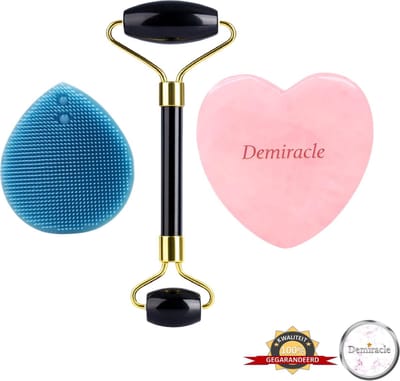 Demiracle® Face Roller & Gua Sha Love Bundle met Blauwe Siliconen Gezichtsborstel – Face Rollers – Black Obsidian – Rose Quartz – Face Rollers – Gezichtsmassage – Massagetools – Massage - Ontspanning – Kwaliteit